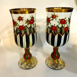 Pair of Mackenzie-Childs Tall Hand-Painted Goblets - Black/White, Roses & Gold